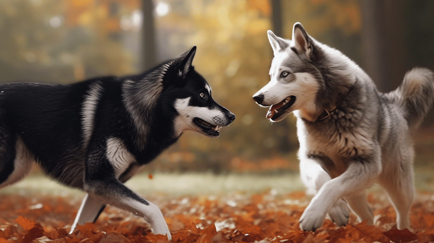 Wolf and dog playing