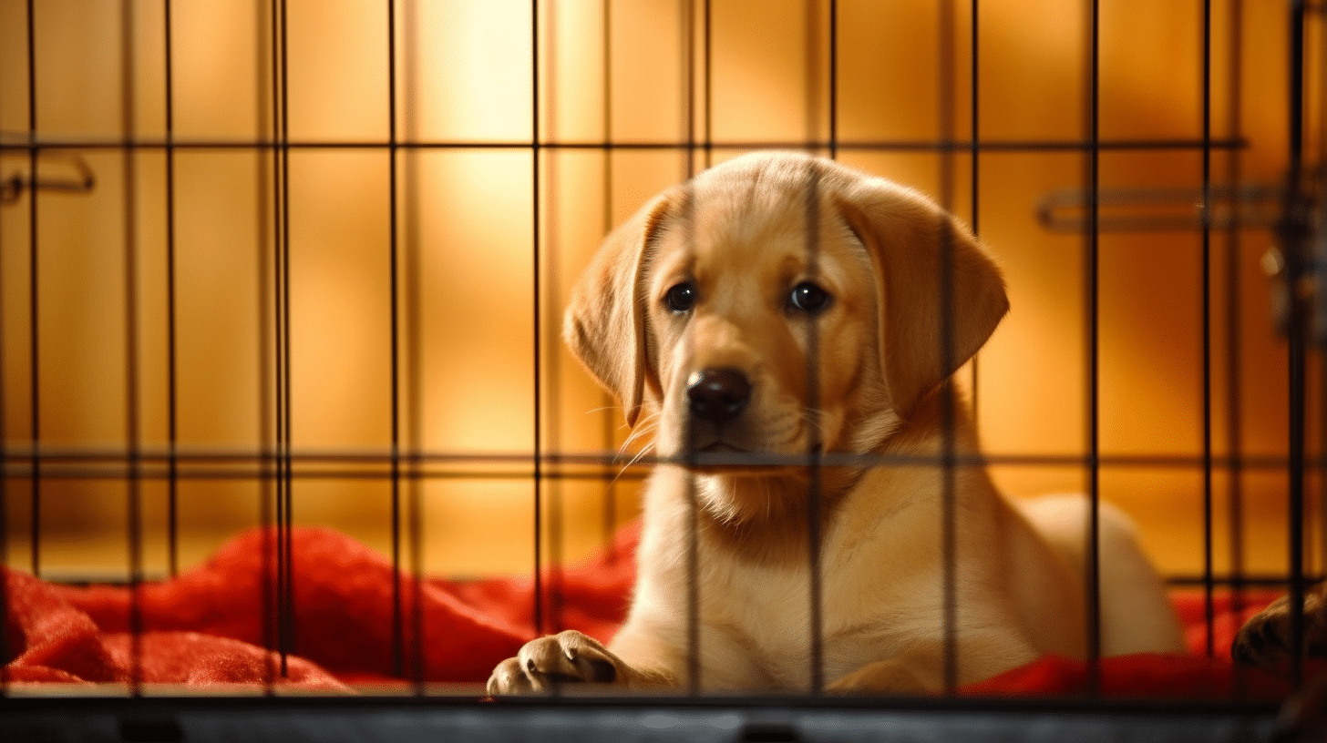 A puppy in a training cage