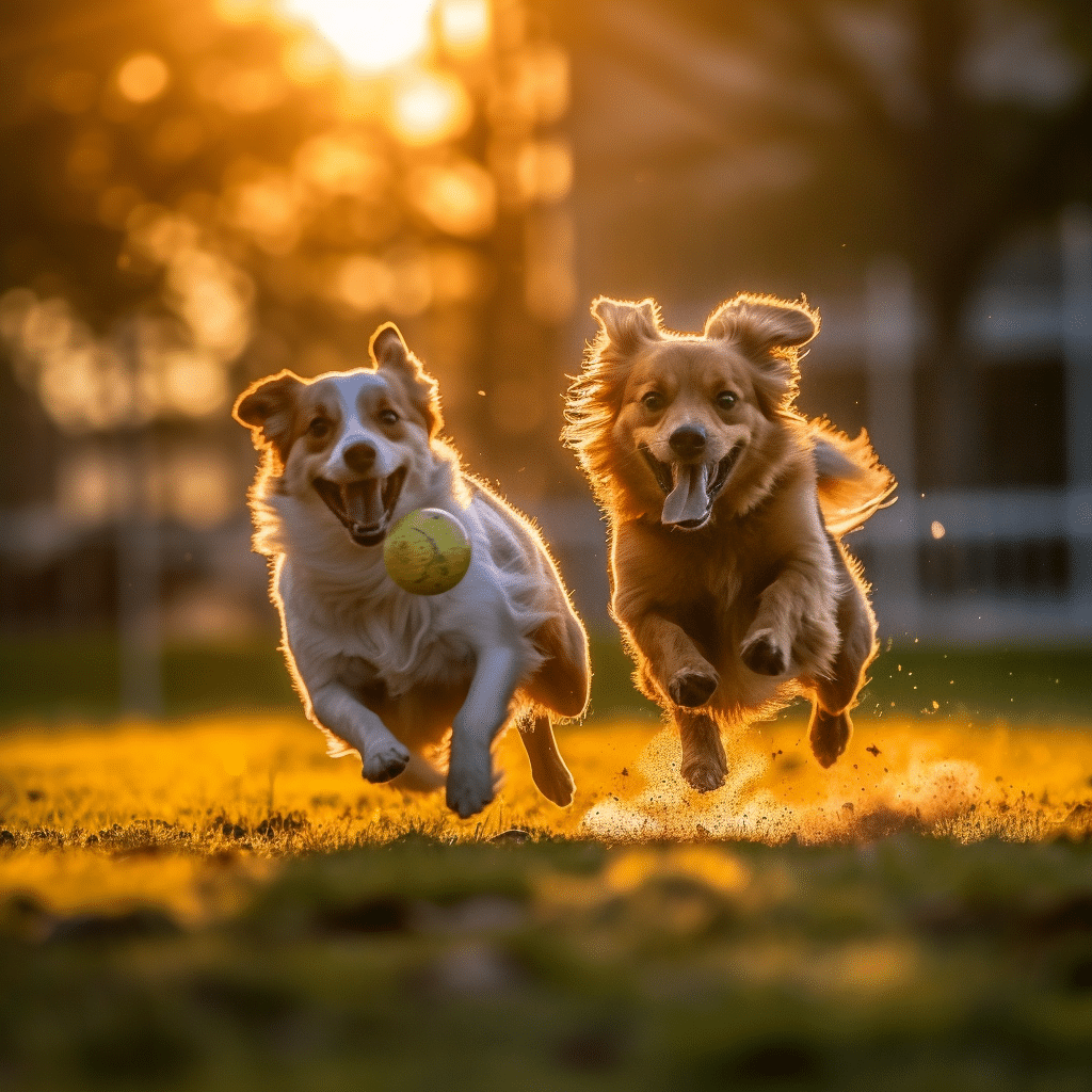 Two dogs are playing ball
